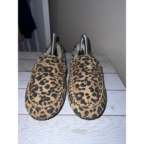 LANDS END Women Animal Print Brown Moccasin Slippers Suede Faux Fur - Picture 7 of 15